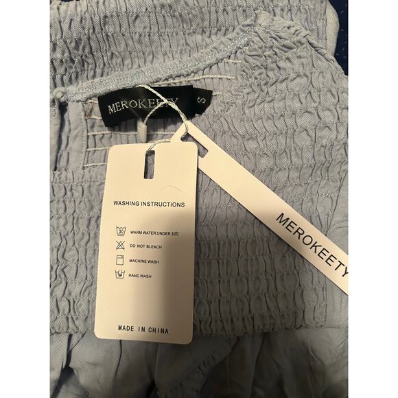 NWT Merokeety Light Blue Tiered Summer Dress Smocking Cap Sleeves Size Small - Picture 3 of 6